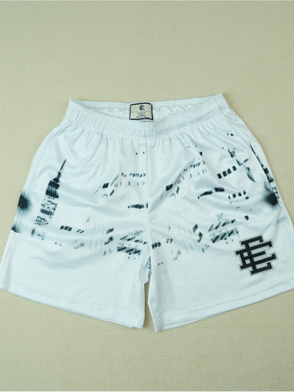 Eric Emanuel White Mesh Shorts with Black Spray City Graphic